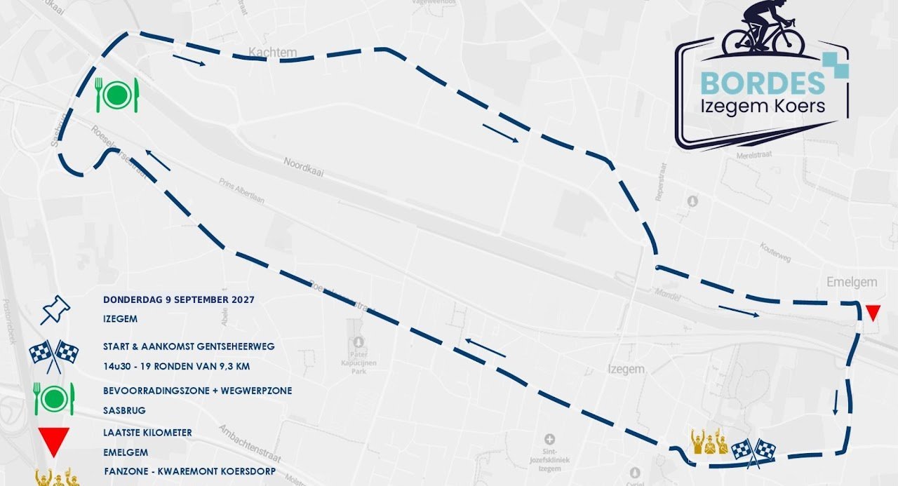 Kaart van het parcours: start en aankomst op de Gentseheerweg, bevoorrading aan de Sasbrug, laatste kilometer in Emelgem, fanzone Kwaremont Koersdorp
